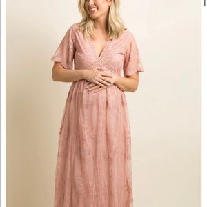 PinkBlush Lace Mesh Overlay Maternity Maxi Dress